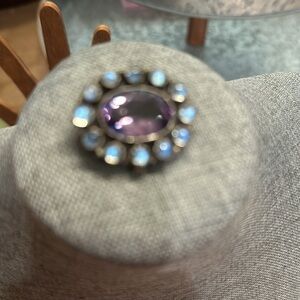 Rainbow Moonstone and Amethyst Silver Brooch/ with pendant bail